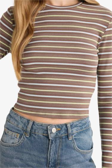 تيشيرت مخطط ردن طويل مخصر بياخة مستديرة