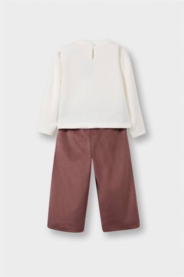 Kız Bebek 2'li Takım Baskılı Sweatshirt Süet Pantolon