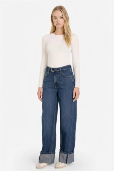 Wide Leg Folded Leg Denim Trousers