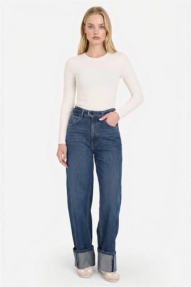Wide Leg Folded Leg Denim Trousers