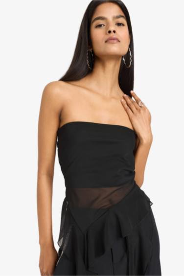 Straplez Fırfırlı Tül Bluz