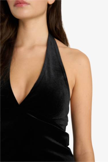 Fitted Halter Yaka Kadife Bluz