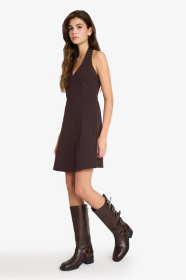 Halter Yaka Bürümcük Mini Elbise