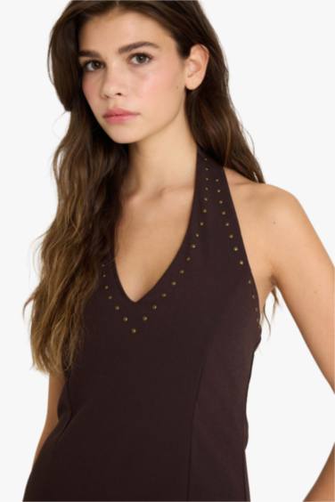 Halter Yaka Bürümcük Mini Elbise