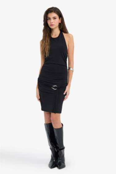 Yılbaşı Temalı Bodycon Vücudu Saran Halter Yaka Mini Elbise