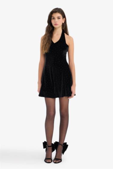 Halter Yaka Taşlı Kadife Mini Elbise