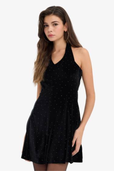 Halter Yaka Taşlı Kadife Mini Elbise