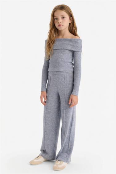 Kız Çocuk 2'li Takım Omzu Açık Bluz Geniş Bol Paça Pantolon