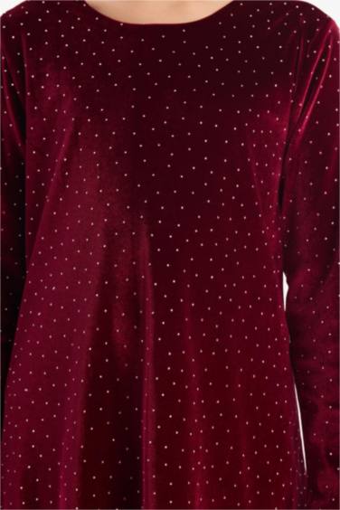 Kız Çocuk Bisiklet Yaka Kadife Uzun Kollu Elbise