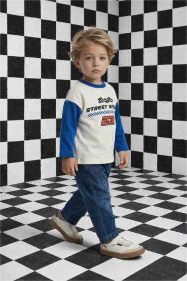 Ұл сәбилерге арналған Oversize кең пішімді дөңгелек жағалы суретті ұзын жеңді футболка