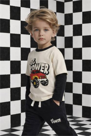 Ұл сәбилерге арналған Oversize кең пішімді дөңгелек жағалы суретті ұзын жеңді футболка