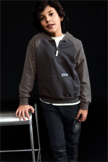 Boy Oversize Fit Hooded Slogan Printed Sweatshirt