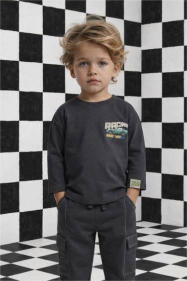 Ұл сәбилерге арналған Oversize кең пішімді дөңгелек жағалы суретті ұзын жеңді футболка