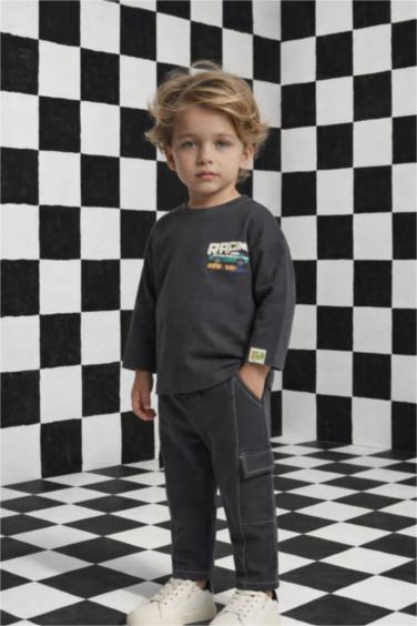 Ұл сәбилерге арналған Oversize кең пішімді дөңгелек жағалы суретті ұзын жеңді футболка