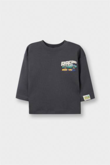 Ұл сәбилерге арналған Oversize кең пішімді дөңгелек жағалы суретті ұзын жеңді футболка