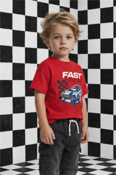 Ұл сәбилерге арналған дөңгелек жағалы суретті қысқа жеңді футболка