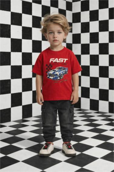 Ұл сәбилерге арналған дөңгелек жағалы суретті қысқа жеңді футболка