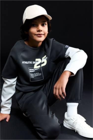 Oversize Geniş Kalıp Bisiklet Yaka Baskılı Skuba Dalgıç Kumaş Sweatshirt Erkek Çocuk