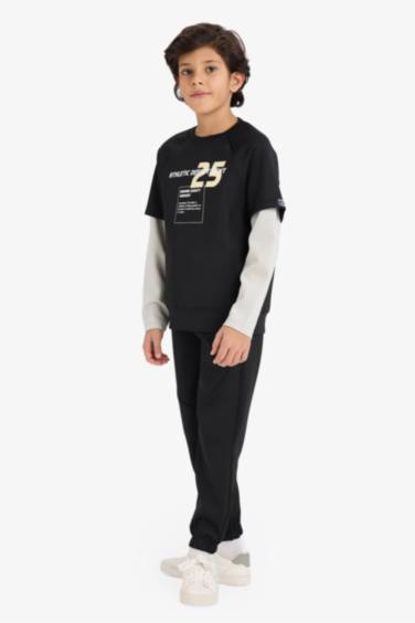 Oversize Geniş Kalıp Bisiklet Yaka Baskılı Skuba Dalgıç Kumaş Sweatshirt Erkek Çocuk