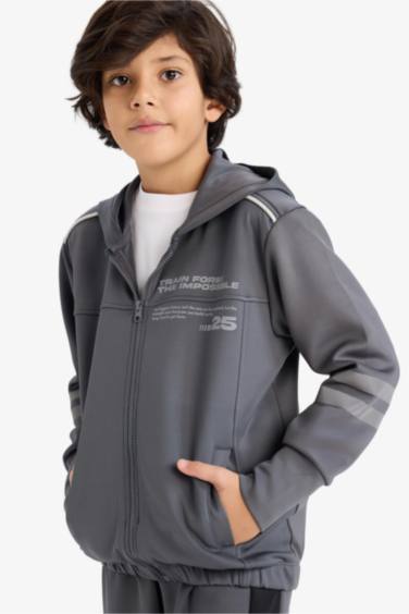 Erkek Çocuk Baskılı Kapüşonlu Skuba Dalgıç Kumaş Fermuarlı Hırka
