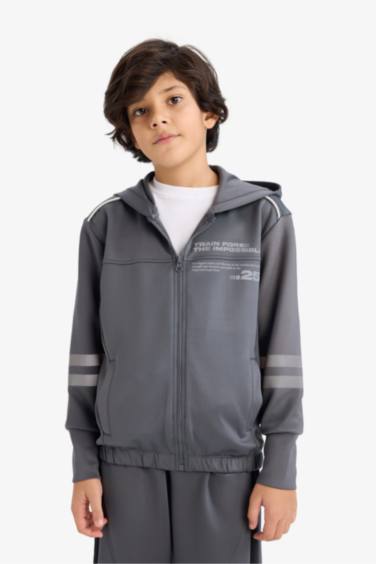 Erkek Çocuk Baskılı Kapüşonlu Skuba Dalgıç Kumaş Fermuarlı Hırka