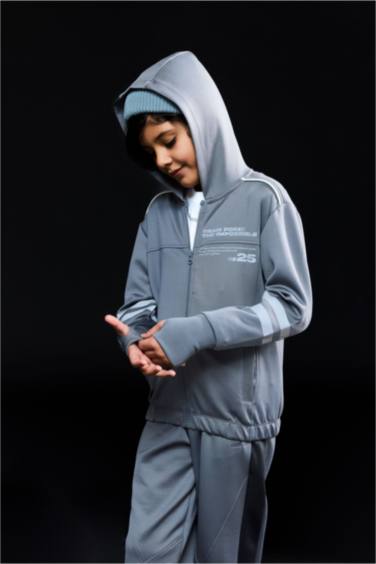 Baskılı Kapüşonlu Skuba Dalgıç Kumaş Fermuarlı Hırka Erkek Çocuk