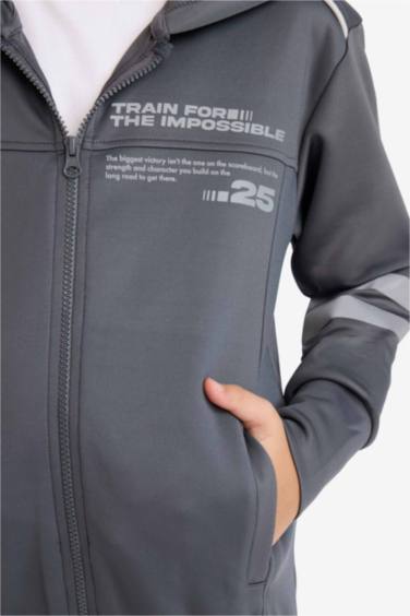 Erkek Çocuk Baskılı Kapüşonlu Skuba Dalgıç Kumaş Fermuarlı Hırka