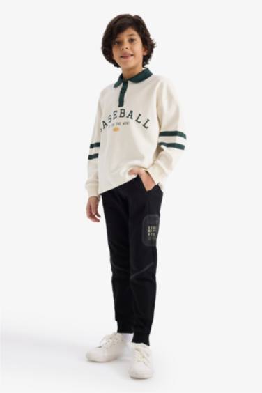 Oversize Geniş Kalıp Polo Yaka Baskılı Uzun Kollu Tişört Erkek Çocuk