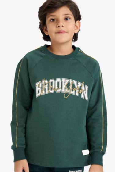 Oversize Geniş Kalıp Bisiklet Yaka Baskılı Uzun Kollu Tişört Erkek Çocuk