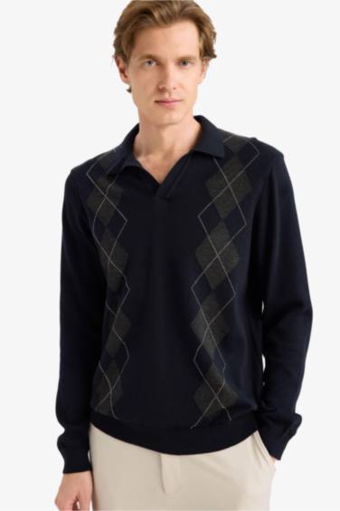 Standart Fit Bisiklet Yaka Baklava Desenli Triko Kazak