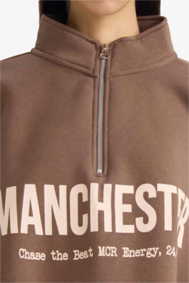 Oversıze Geniş Kalıp Yarım Fermuarlı Baskılı Kalın Kumaş Sweatshirt