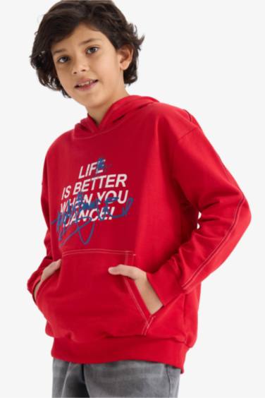 Oversize Geniş Kalıp Kapüşonlu Baskılı Sweatshirt Erkek Çocuk