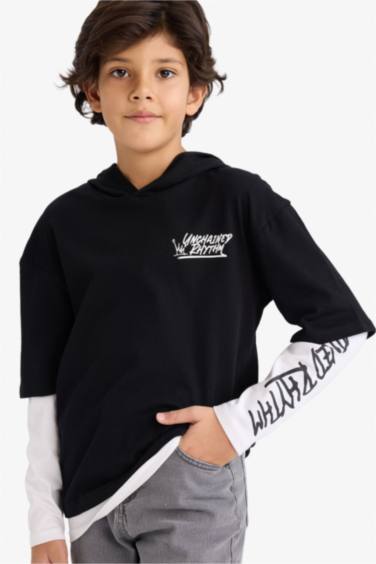Erkek Çocuk Kapüşonlu Baskılı Uzun Kollu Tişört