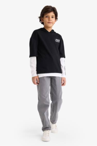 Erkek Çocuk Kapüşonlu Baskılı Uzun Kollu Tişört