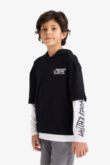 Erkek Çocuk Kapüşonlu Baskılı Uzun Kollu Tişört