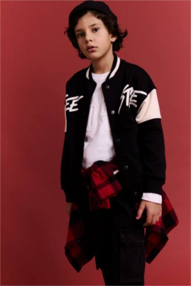 Erkek Çocuk Baskılı Kolej Yaka Bomber Hırka