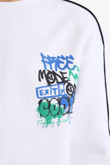 Erkek Çocuk Oversize Geniş Kalıp Bisiklet Yaka Baskılı Uzun Kollu Tişört