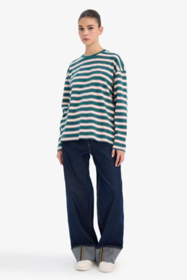 Oversıze Geniş Kalıp Bisiklet Yaka Uzun Kollu Tişört