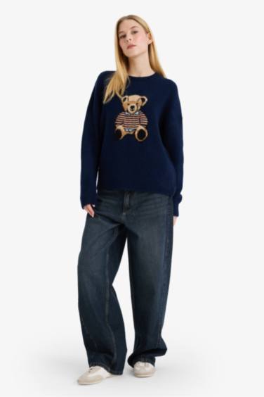 Regular Fit Bisiklet Yaka Ayıcıklı Triko Kazak