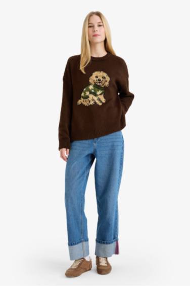 Regular Fit Crew Neck Dog Prit Knitwear Pullover