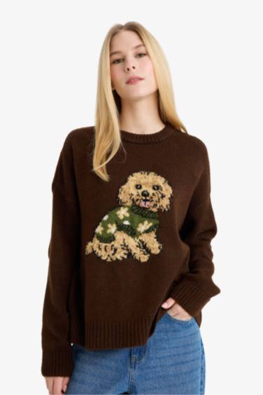 Regular Fit Crew Neck Dog Prit Knitwear Pullover