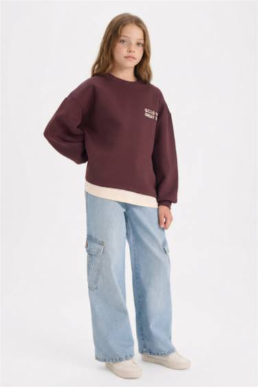 Kız Çocuk Overshirt Fit Sırt Baskılı İçi Yumuşak Tüylü Sweatshirt