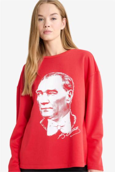 Coool Oversize Geniş Kalıp Bisiklet Yaka Atatürk Baskılı Kalın Uzun Kollu Tişört