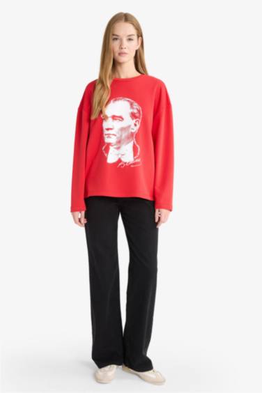 Coool Oversize Geniş Kalıp Bisiklet Yaka Atatürk Baskılı Kalın Uzun Kollu Tişört