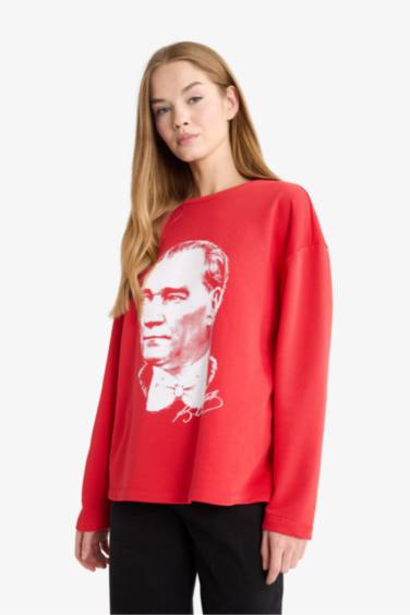 Coool Oversize Geniş Kalıp Bisiklet Yaka Atatürk Baskılı Kalın Uzun Kollu Tişört