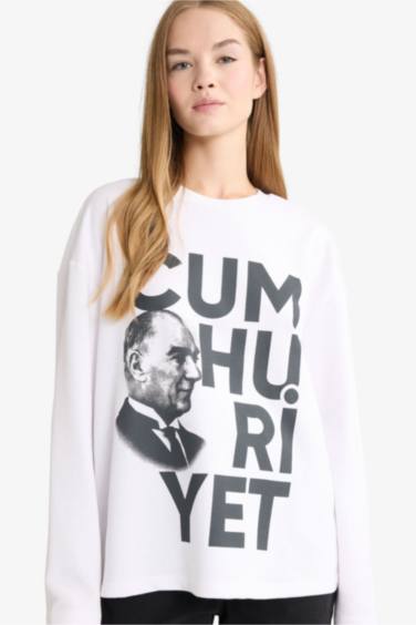 Coool Oversize Geniş Kalıp Bisiklet Yaka Atatürk Baskılı Kalın Uzun Kollu Tişört