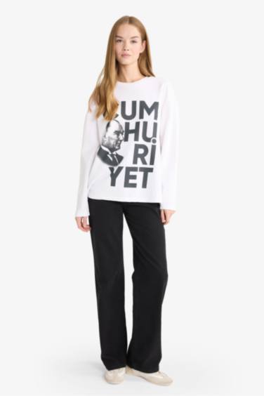 Coool Oversize Geniş Kalıp Bisiklet Yaka Atatürk Baskılı Kalın Uzun Kollu Tişört