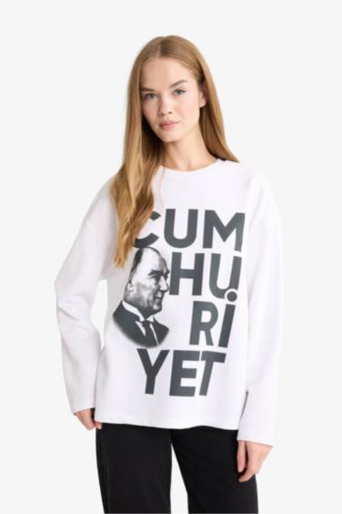 Coool Oversize Geniş Kalıp Bisiklet Yaka Atatürk Baskılı Kalın Uzun Kollu Tişört