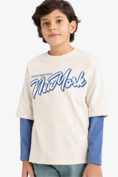 Erkek Çocuk Oversize Geniş Kalıp Bisiklet Yaka Baskılı Uzun Kollu Tişört