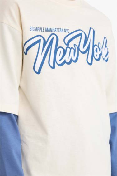 Erkek Çocuk Oversize Geniş Kalıp Bisiklet Yaka Baskılı Uzun Kollu Tişört